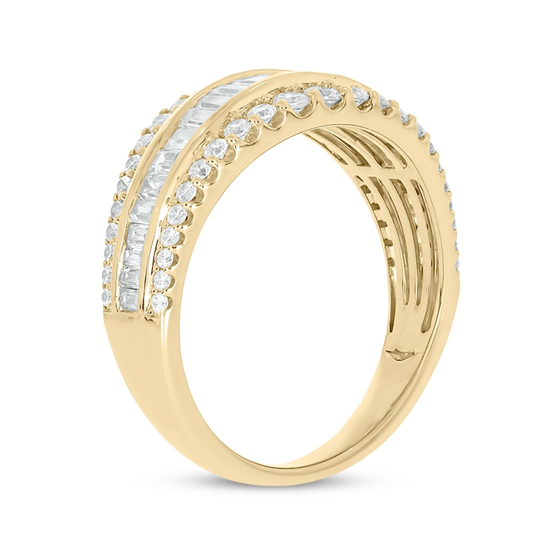 Baguette & Round-Cut Diamond Three-Row Anniversary Band 1 ct tw Yellow Gold Plated