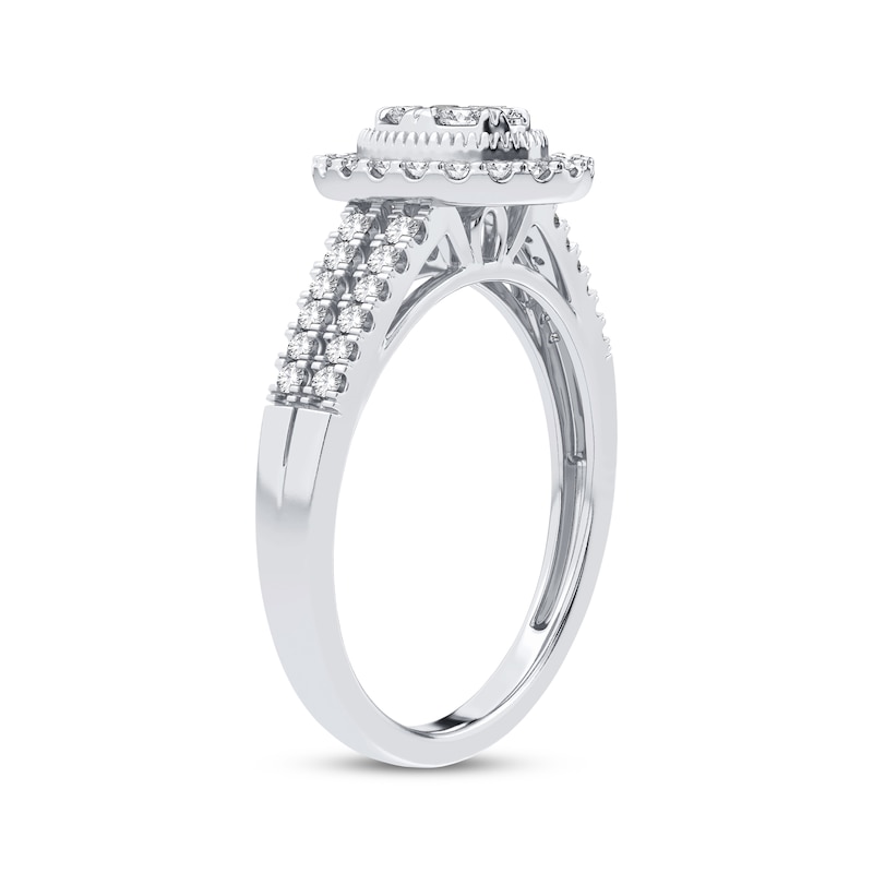 Multi-Diamond Center Oval Milgrain Engagement Ring 3/8 ct tw Round-cut White Gold Plated