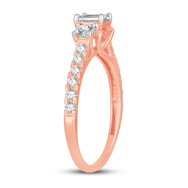 3-Stone Diamond Engagement Ring 1 ct tw Emerald & Round Rose Gold Plated