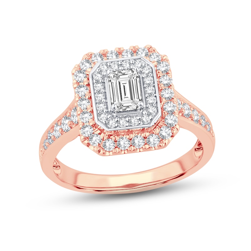 Diamond Engagement Ring 1-1/4 ct tw Emerald & Round-cut Rose Gold Plated