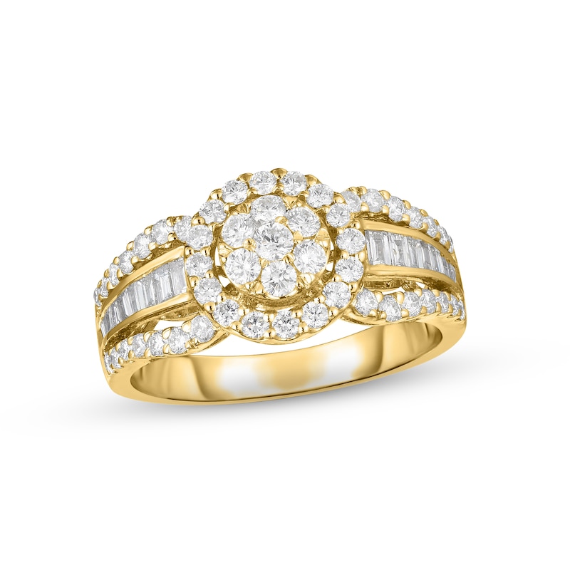 Multi-Diamond Engagement Ring 3/4 ct tw Round & Baguette-cut Yellow Gold Plated