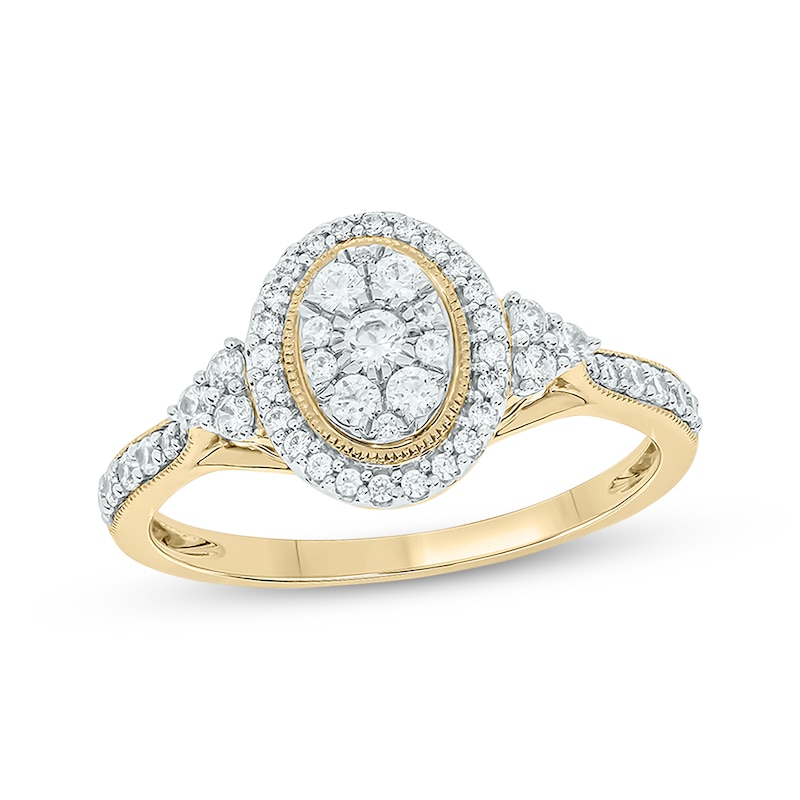 Round-Cut Multi-Diamond Center Oval-Shaped Engagement Ring 1/2 ct tw Yellow Gold Plated