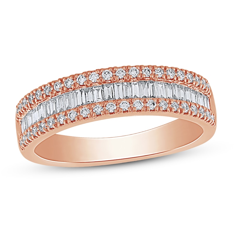 Diamond Anniversary Ring 1/2 ct tw Round/Baguette Rose Gold Plated
