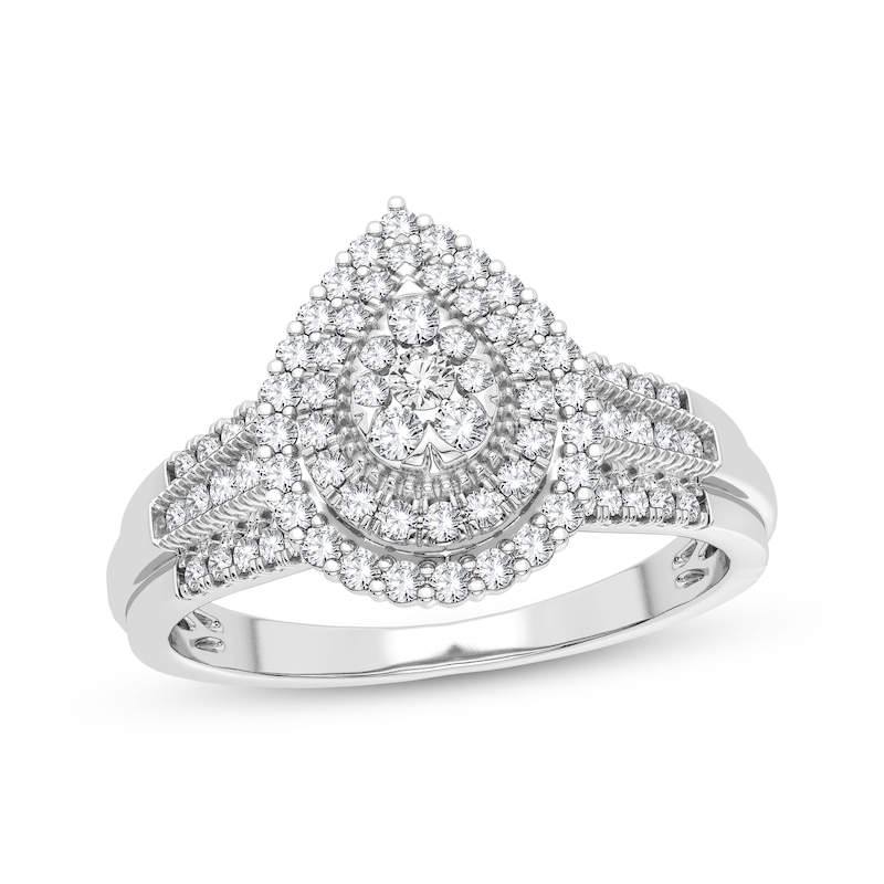 Multi-Diamond Center Pear Engagement Ring 1/3 ct tw Round-cut White Gold Plated