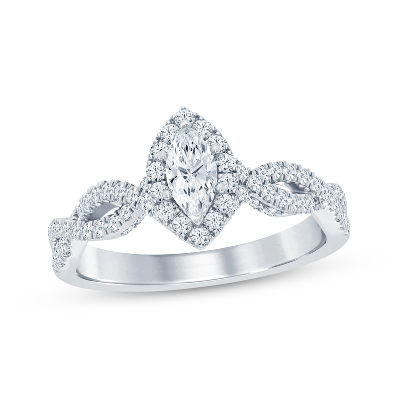Diamond Halo Engagement Ring 3/4 ct tw Marquise & Round-cut White Gold Plated