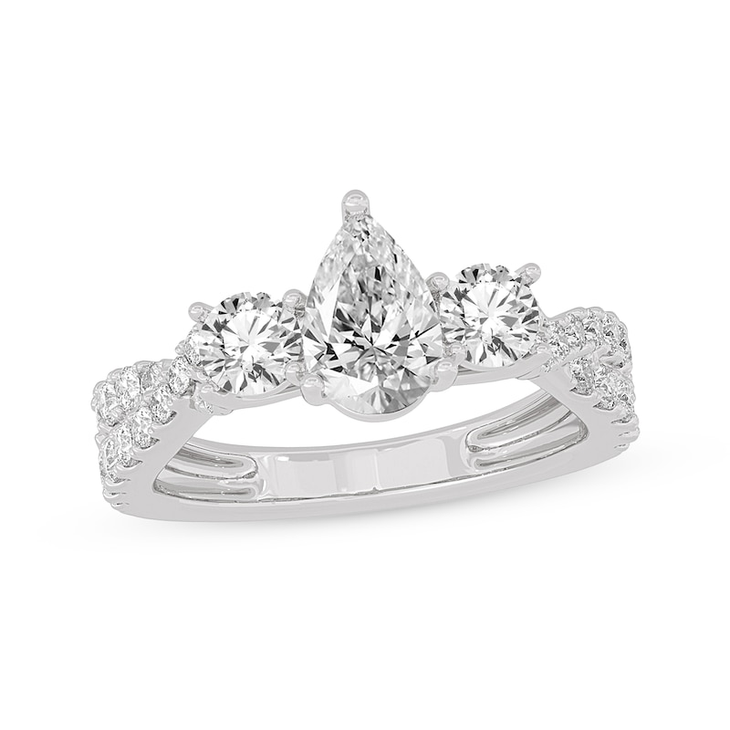 Pear-Shaped & Round-Cut Three-Stone Diamond Engagement Ring 2 ct tw White Gold Plated