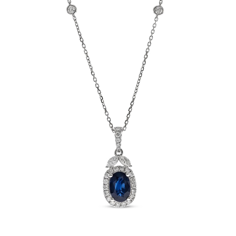 Oval-Shaped Blue Sapphire & Diamond Necklace 1/2 ct tw White Gold Plated 18"
