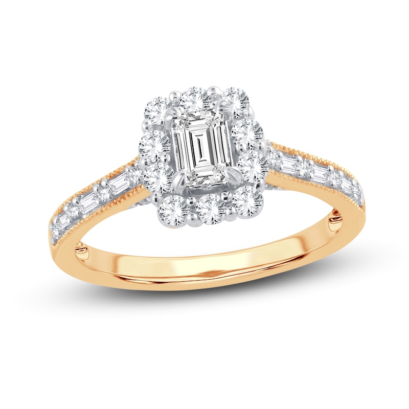 Diamond Engagement Ring 3/4 ct tw Emerald, Round, Baguette Yellow Gold Plated