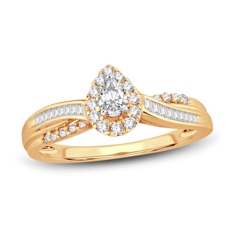 Diamond Engagement Ring 3/8 ct tw Pear, Baguette & Round Yellow Gold Plated