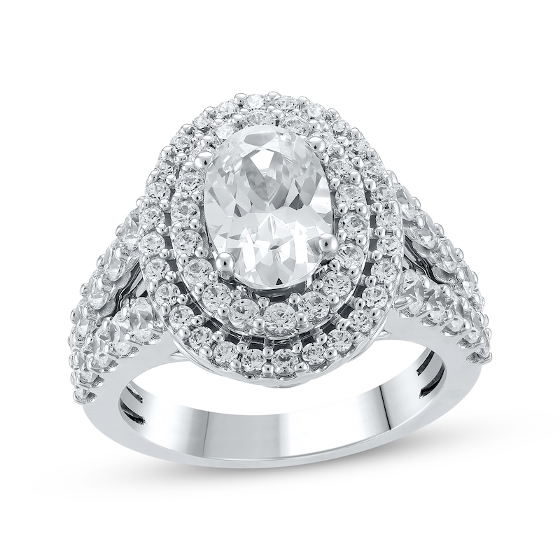 Oval & Round-Cut Lab-Created Diamond Double Halo Engagement Ring 3 ct tw White Gold Plated