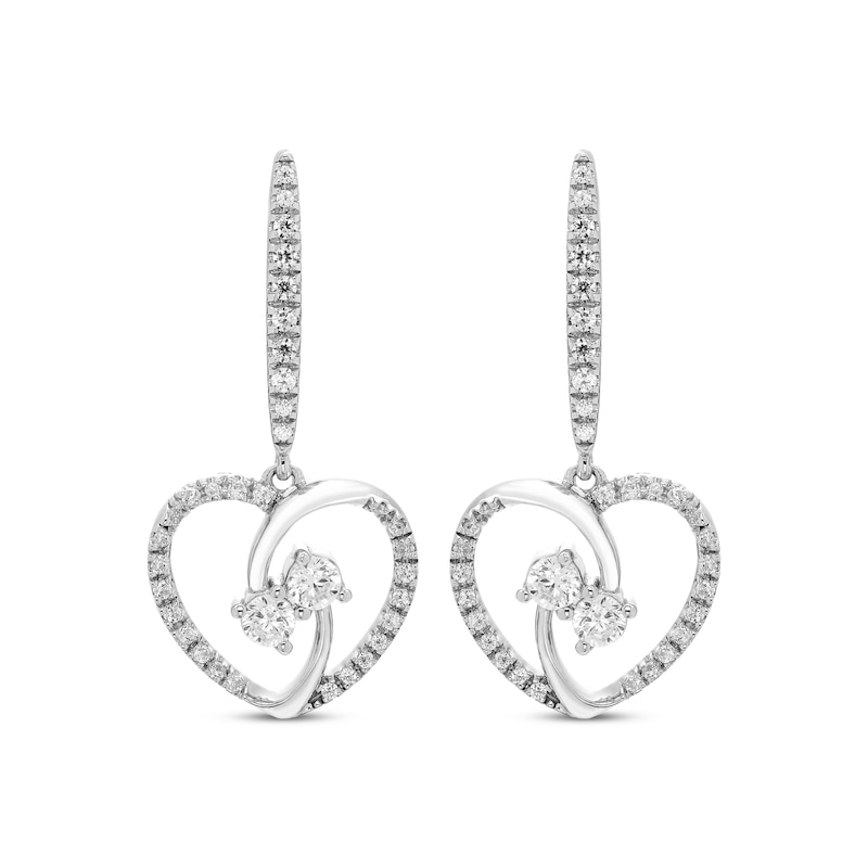 Diamond Two-Stone Heart Dangle Earrings 3/8 ct tw White Gold Plated