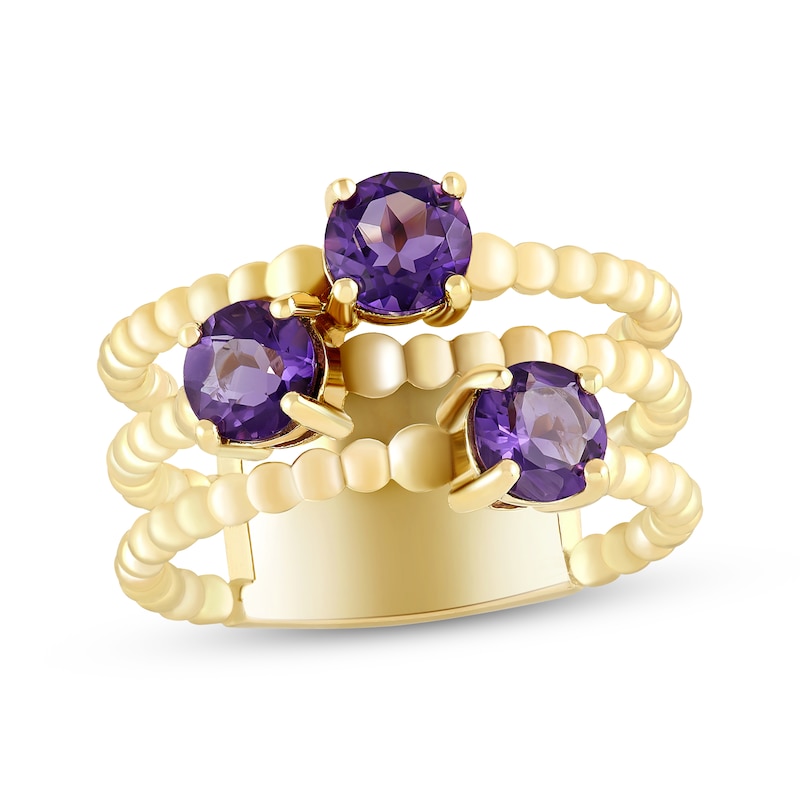 Amethyst Three-Row Beaded Ring Yellow Gold Plated