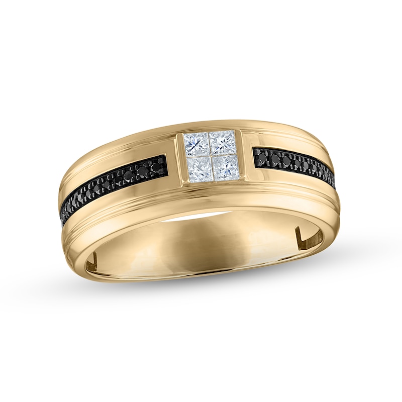 Men's White & Black Diamond Wedding Band 1/3 ct tw Square & Round-cut Yellow Gold Plated