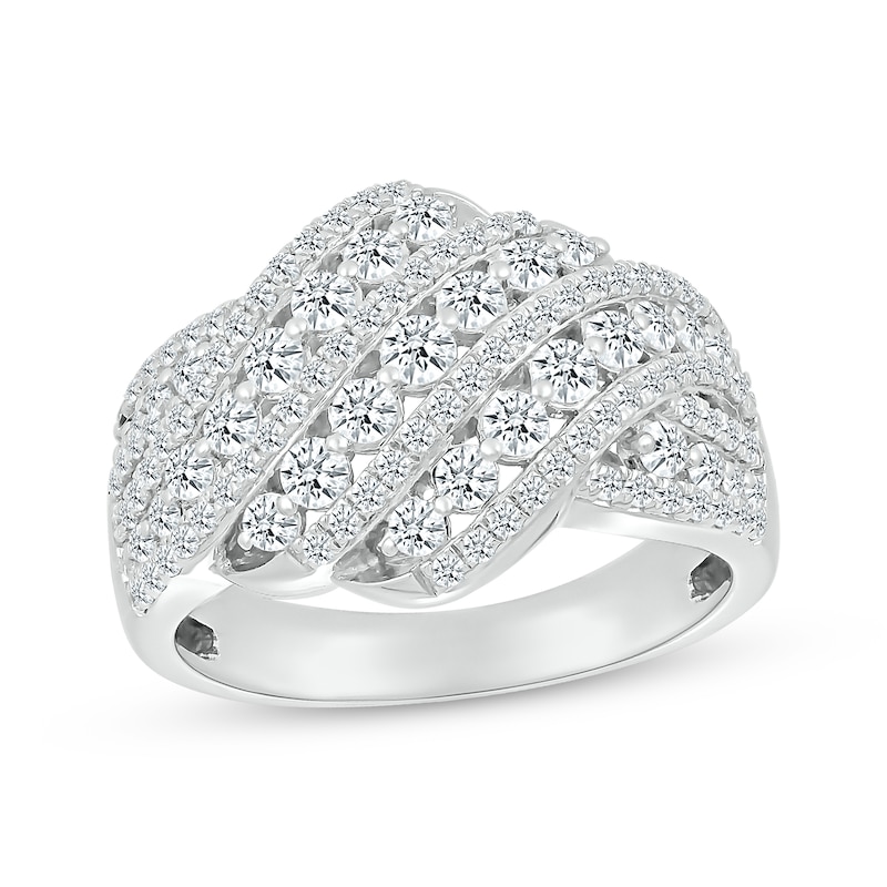 Diamond Multi-Row Diagonal Crossover Ring 1 ct tw White Gold Plated