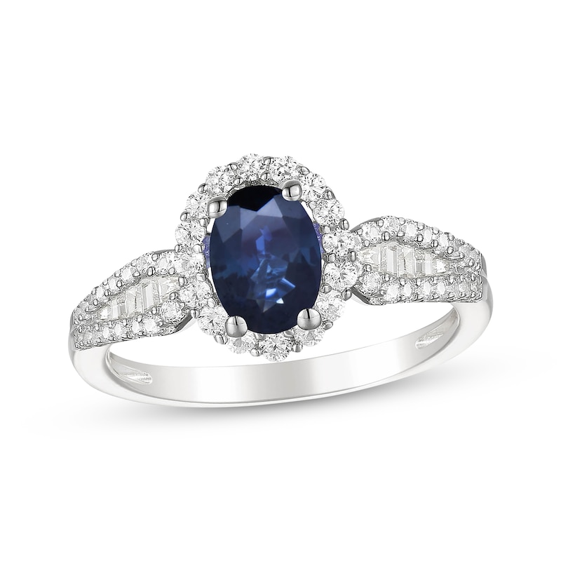 Oval-Cut Blue Sapphire & Diamond Ring 3/8 ct tw White Gold Plated