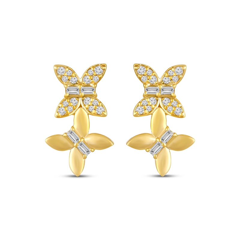 Baguette & Round-Cut Diamond Double Butterfly Earrings 1/4 ct tw Yellow Gold Plated