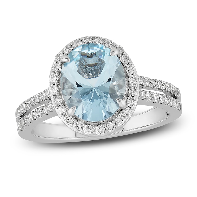 Aquamarine & Diamond Engagement Ring 3/8 ct tw Oval, Round-Cut White Gold Plated
