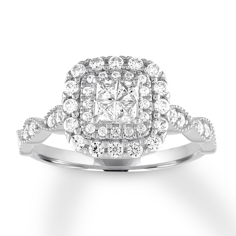 Diamond Engagement Ring 3/4 ct tw Princess & Round White Gold Plated