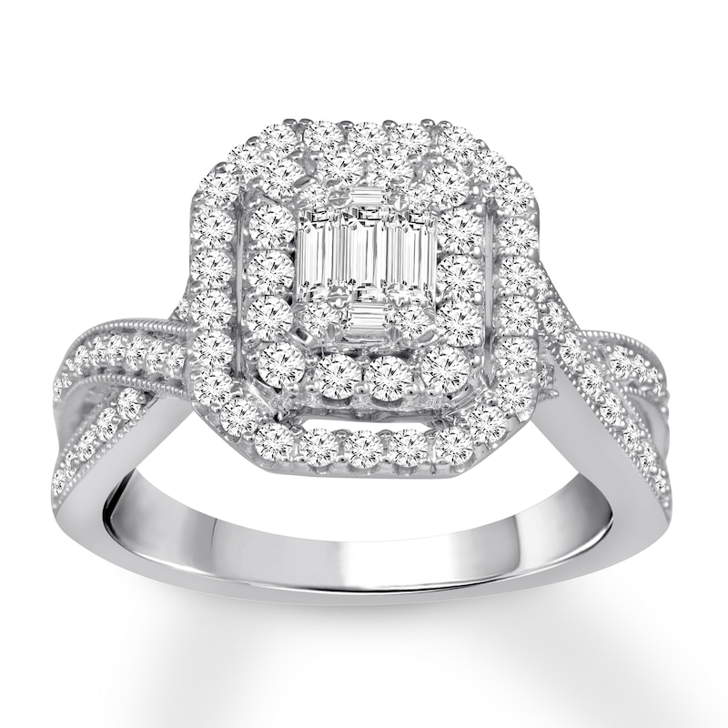 Diamond Engagement Ring 1 ct tw Baguette & Round-cut White Gold Plated