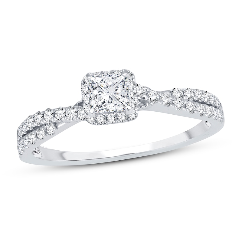 Diamond Engagement Ring 3/4 ct tw Princess & Round White Gold Plated