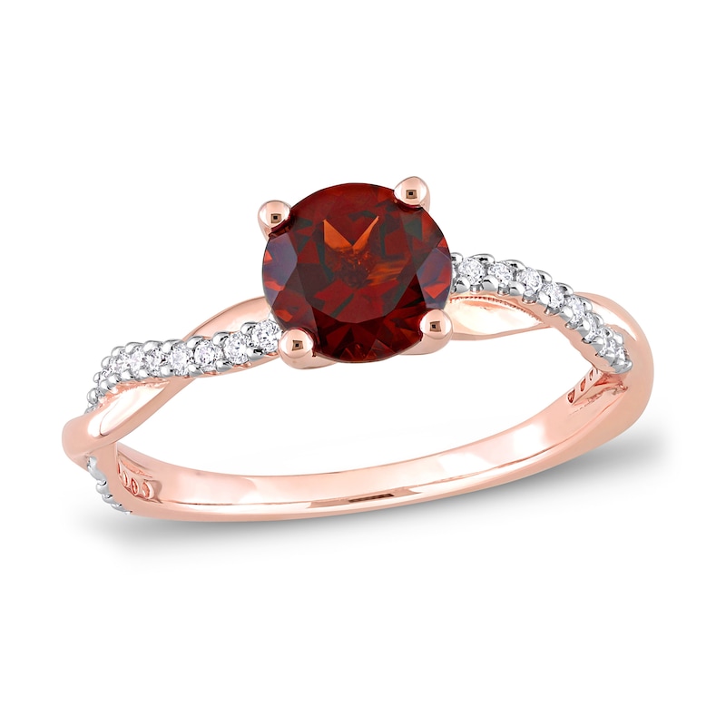 Round Garnet Engagement Ring 1/6 ct tw Diamonds Rose Gold Plated