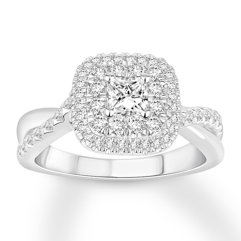 Diamond Engagement Ring 7/8 ct tw Princess & Round White Gold Plated