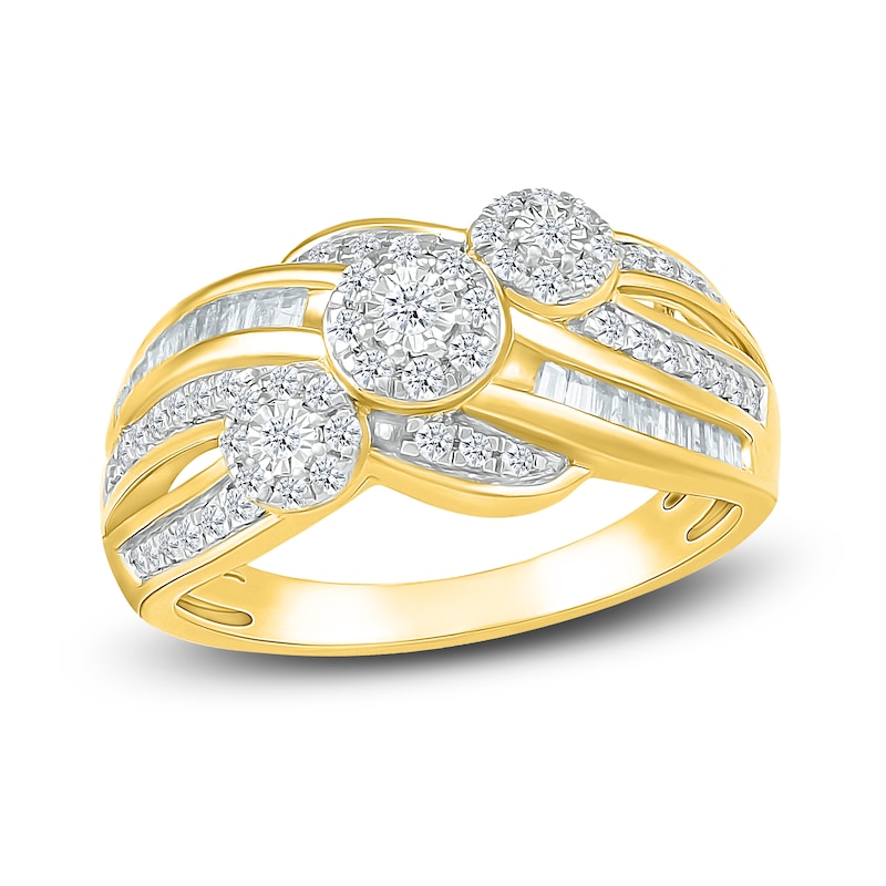 Diamond Three Flower Ring 1/2 ct tw Round & Baguette-cut Yellow Gold Plated