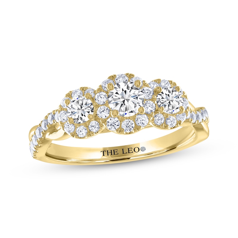 THE LEO Diamond Round-Cut Three-Stone Crossover Twist Engagement Ring 7/8 ct tw Yellow Gold Plated
