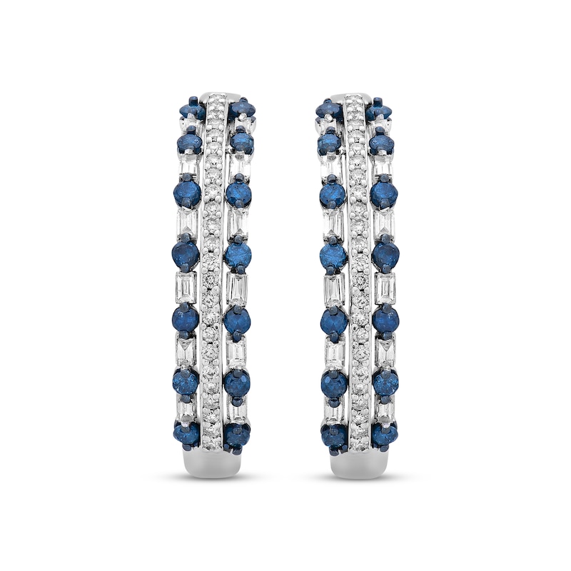 Blue & White Diamond Three-Row Hoop Earrings 1 ct tw Round & Baguette-cut White Gold Plated