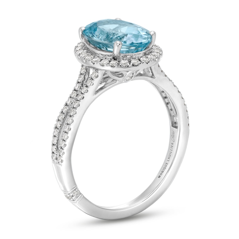 Monique Lhuillier Bliss Oval-Cut Aquamarine & Diamond Halo Engagement Ring 1/3 ct tw White Gold Plated