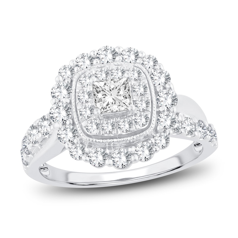 Diamond Engagement Ring 1-1/3 ct tw Princess & Round White Gold Plated