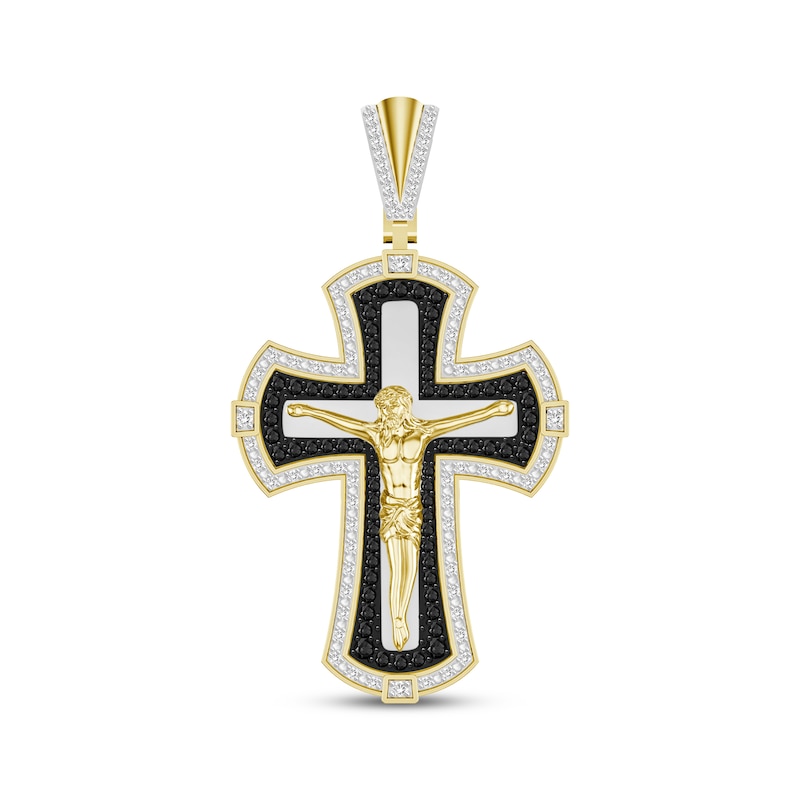 Round-Cut Black & White Diamond Crucifix Charm 1 ct tw Yellow Gold Plated