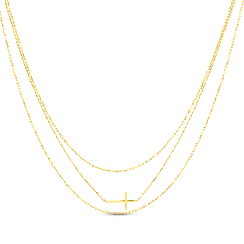 Three-Strand Sideways Cross Necklace Yellow Gold Plated 18"