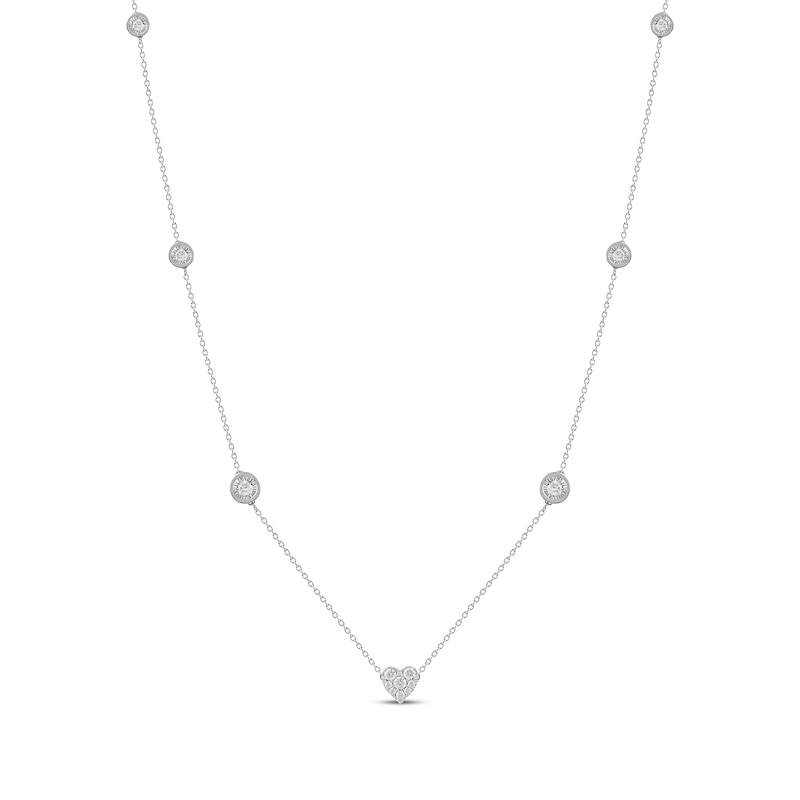 Diamond Halo Heart Center Station Necklace 1/2 ct tw White Gold Plated 18"