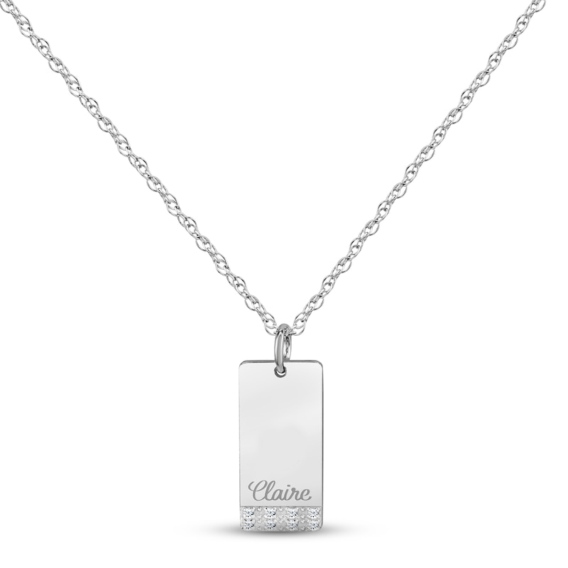 Diamond Name Dog Tag Necklace White Gold Plated 18"