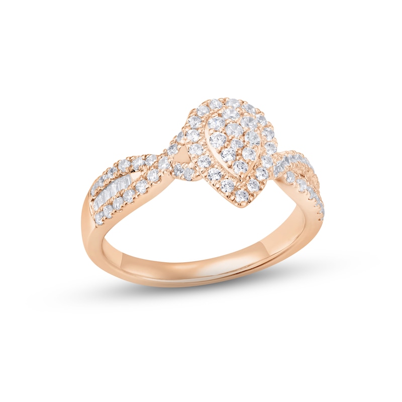 Multi-Diamond Engagement Ring 5/8 ct tw Round & Baguette-cut Rose Gold Plated