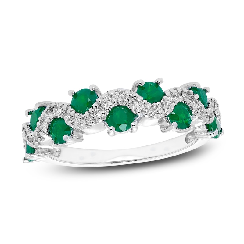 Emerald & Diamond Ring 1/6 ct tw Round-cut White Gold Plated