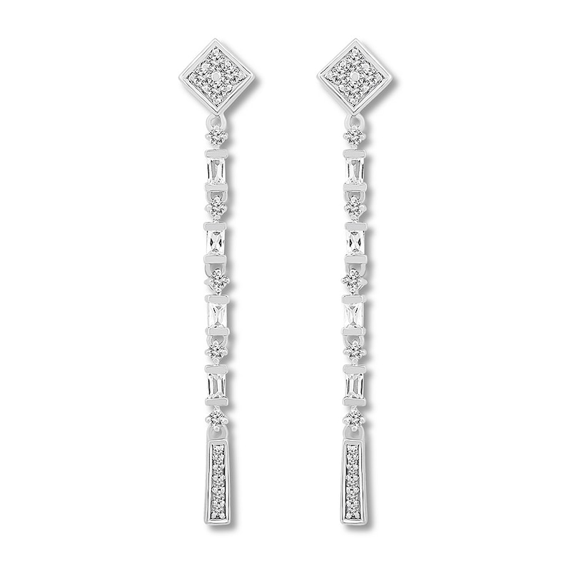 Diamond Drop Earrings 1/2 ct tw Round & Baguette White Gold Plated