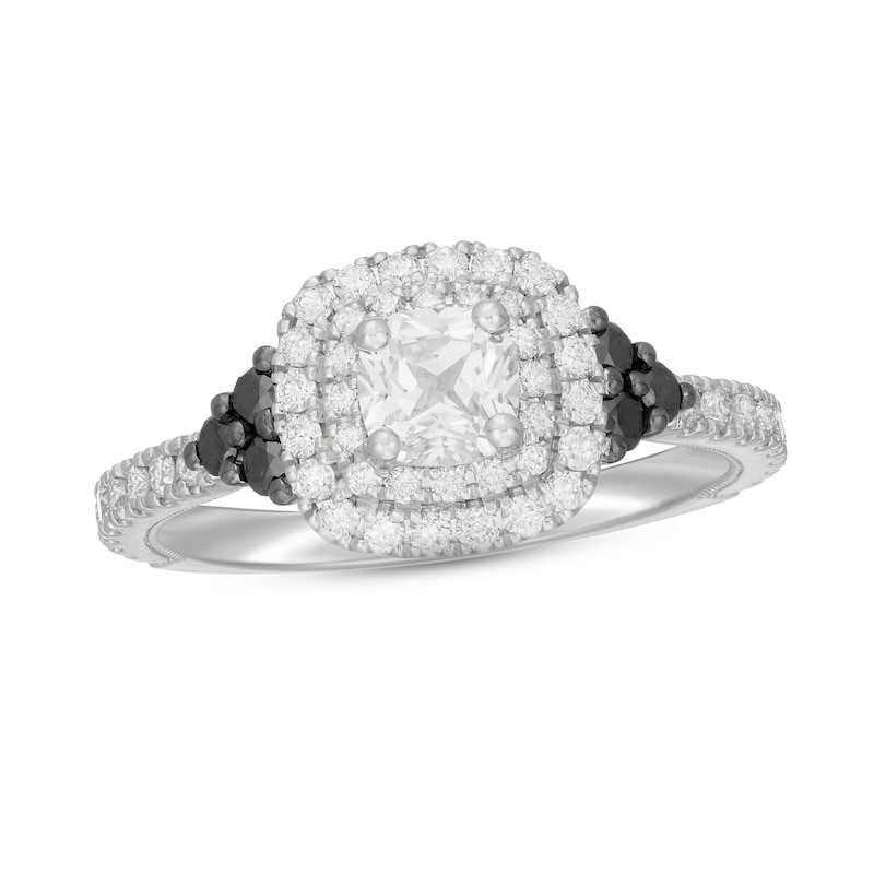 Neil Lane White & Black Diamond Engagement Ring 1-1/8 ct tw Cushion & Round-cut White Gold Plated