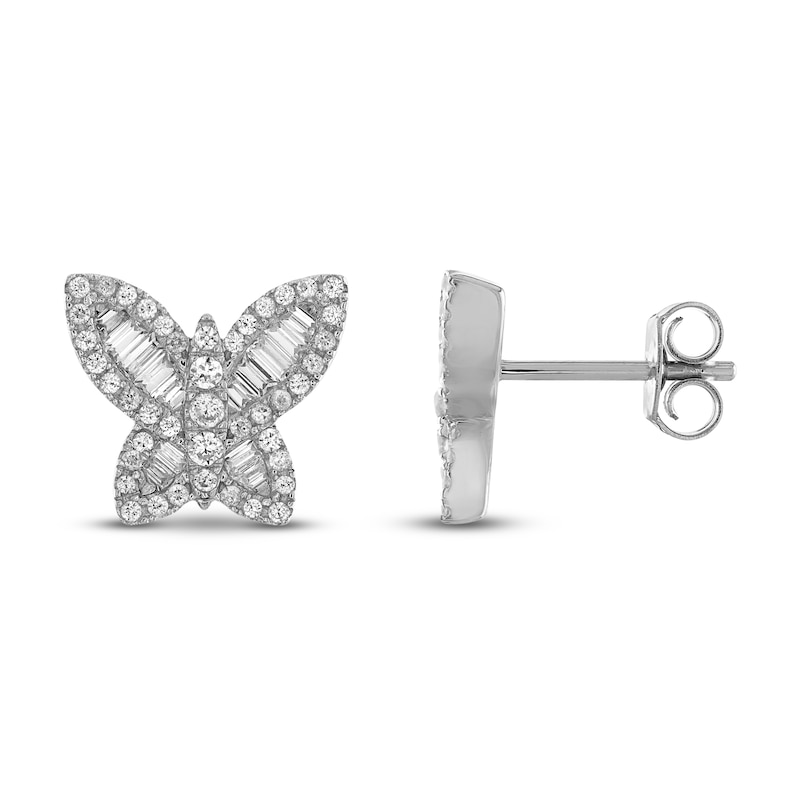 Diamond Butterfly Earrings 5/8 ct tw Round & Baguette White Gold Plated