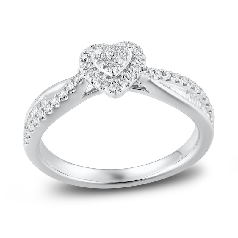 Diamond Engagement Ring 1/3 ct tw Round & Baguette White Gold Plated