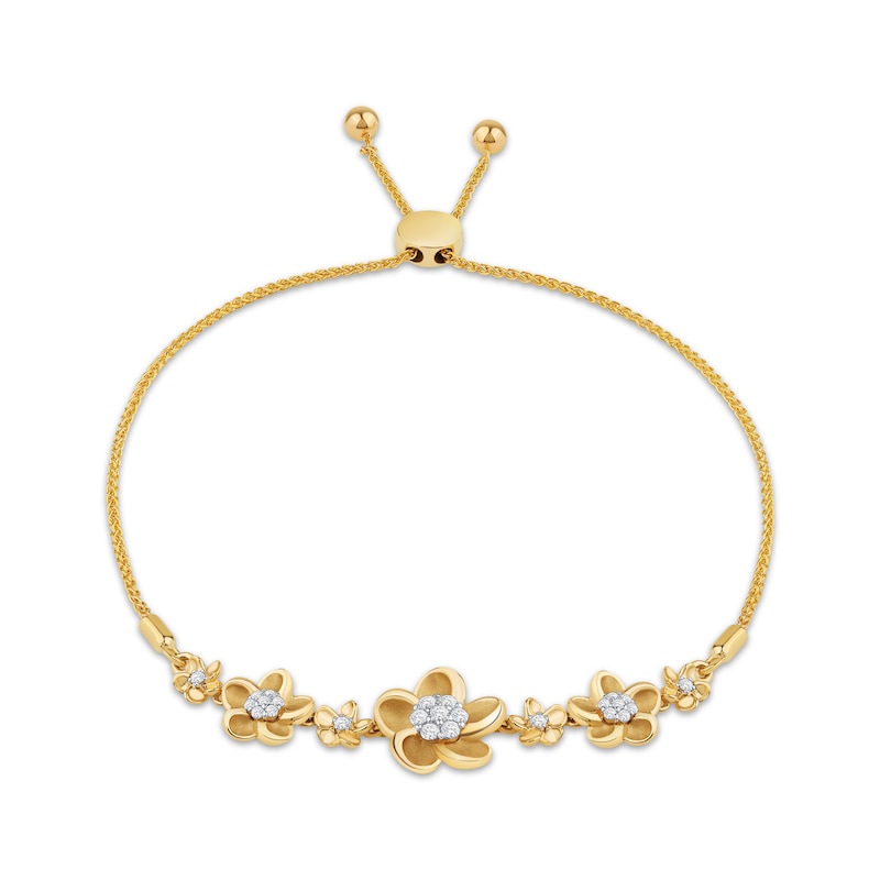 Diamond Plumeria Flowers Bolo Bracelet 1/4 ct tw Yellow Gold Plated