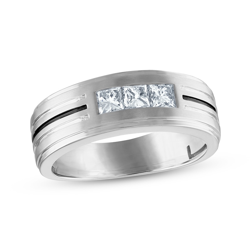 Men's Square-Cut Diamond Three-Stone Striped Wedding Band 3/4 ct tw White Gold Plated
