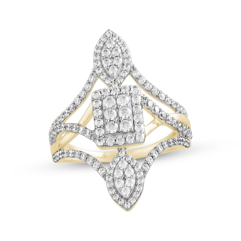 Multi-Diamond Rectangle & Marquise Open Ring 1 ct tw Yellow Gold Plated