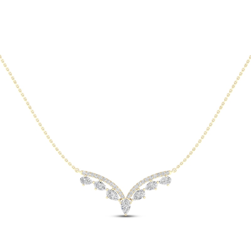 Diamond V Necklace 1-1/2 ct tw Pear & Round-cut Yellow Gold Plated 18"