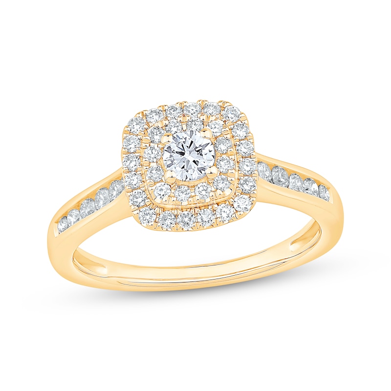 Round-Cut Diamond Double-Halo Engagement Ring 5/8 ct tw Yellow Gold Plated