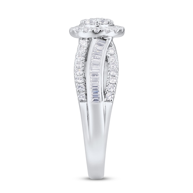 Multi-Diamond Engagement Ring 5/8 ct tw Round & Baguette White Gold Plated