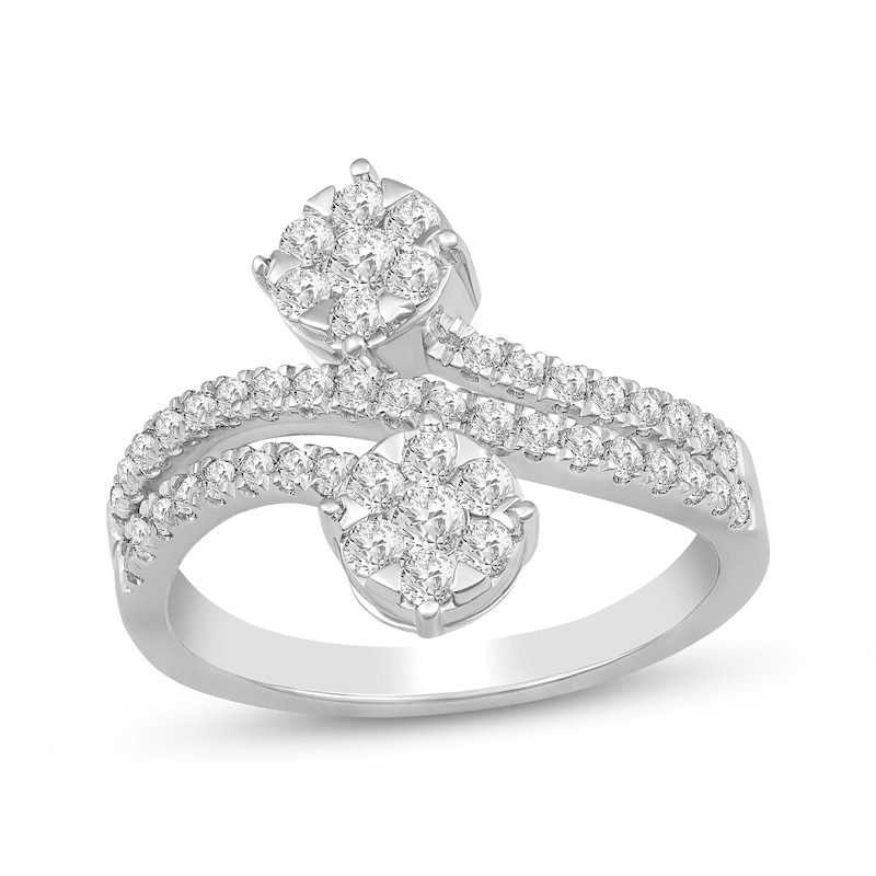 Multi-Diamond Center Bypass Ring 7/8 ct tw White Gold Plated
