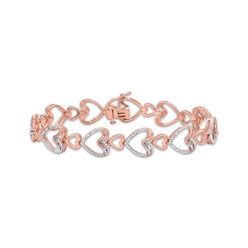 Diamond Stacked Hearts Link Bracelet 1/2 ct tw Rose Gold Plated 7"