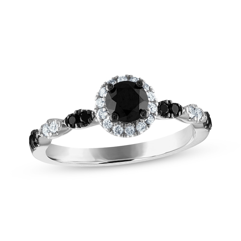 Round-Cut Black & White Diamond Halo Engagement Ring 3/4 ct tw White Gold Plated